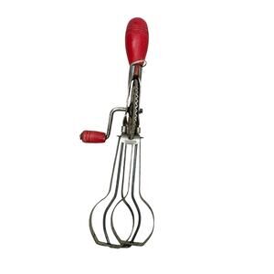 Vintage Hand Crank Egg Beater Red Wood Handles Metal Rotary Mixer Made in USA